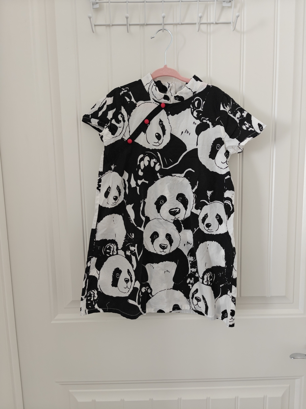 Panda Print Short Sleeve Dress with Red Accent Buttons 110cm, 4-5T